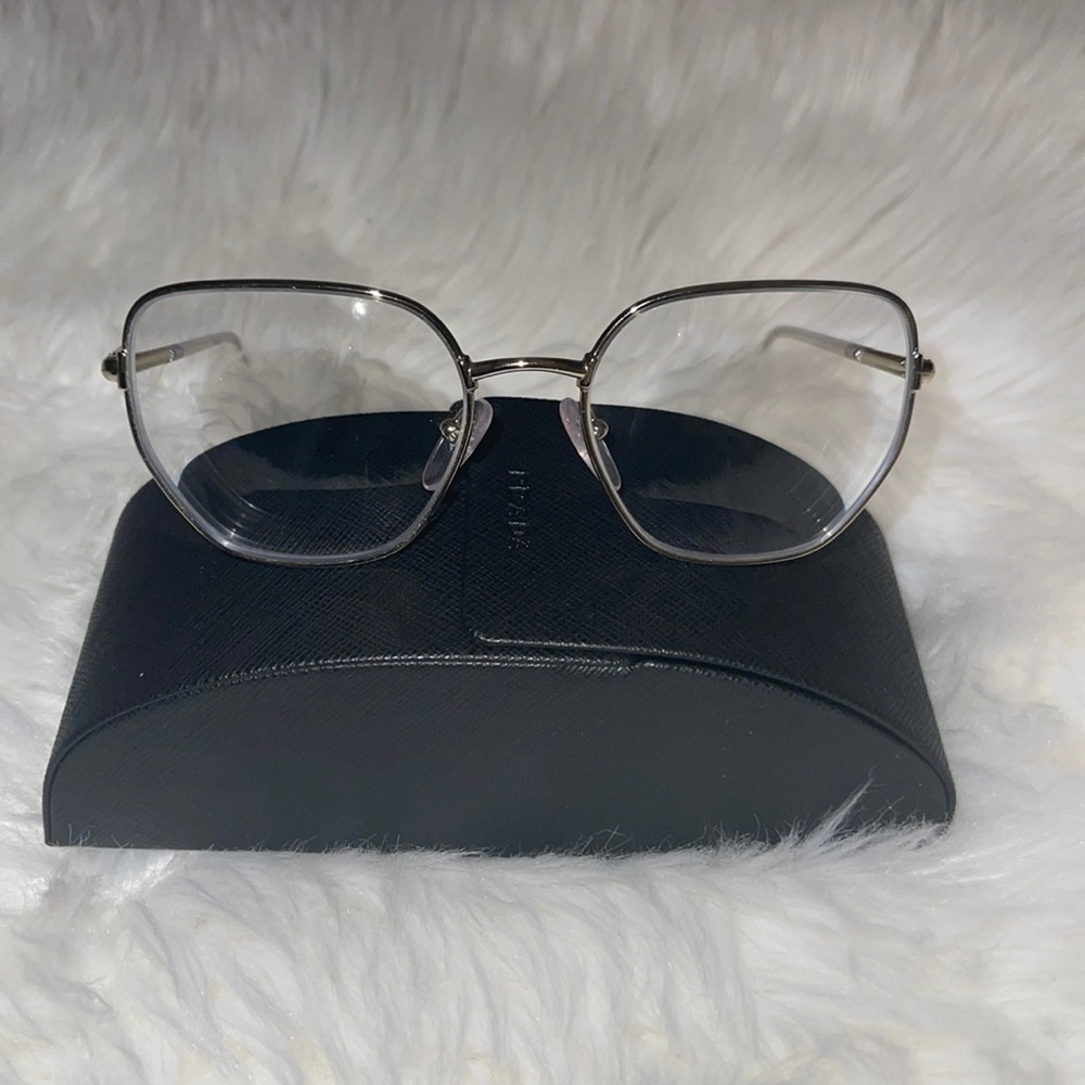 Prada Silver Metal Rim Clear Lens Glasses